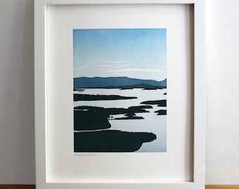 Salish Sea, hoogzomer boekdruk, landschap, kunst aan de muur, print