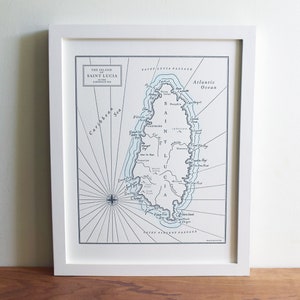 Impression typographique de carte de Sainte-Lucie, îles des Caraïbes