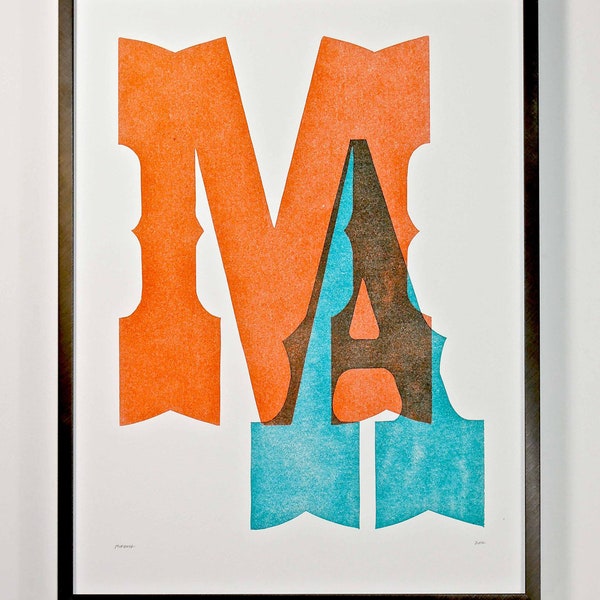 Massachusetts, MA, Letterpress printed Typography