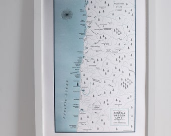 The Central Oregon Coast Map, Letterpress Printed Wall Art
