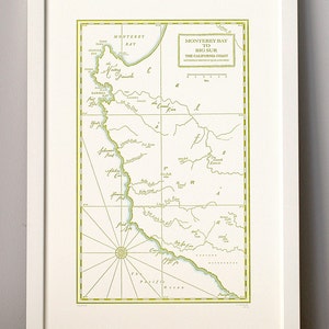 Carte imprimée en typographie de la baie de Monterey à Big Sur, côte californienne (vert olive)