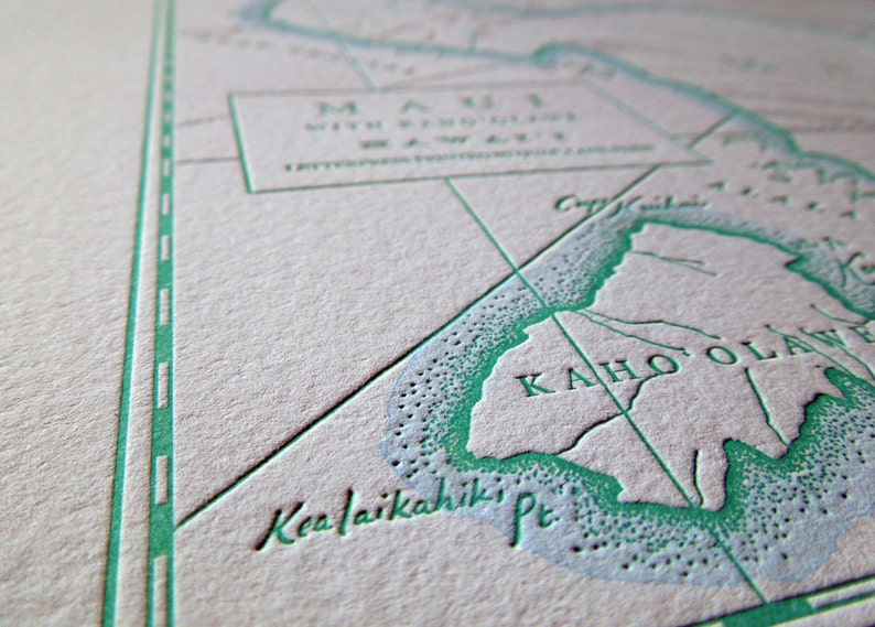 Hawaiian Islands Maui Letterpress Printed Map Light Blue