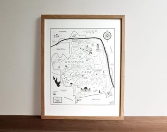 Griffith Park Los Angeles, Letterpress Map, Wall Art, Print