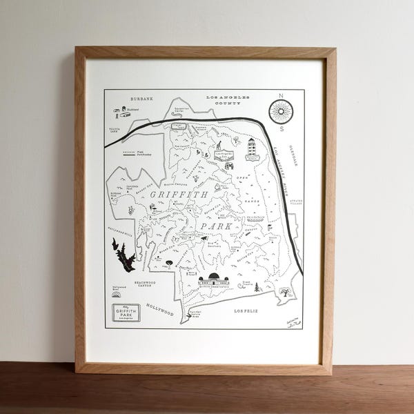 Griffith Park Los Angeles, Letterpress Map, Wall Art, Print