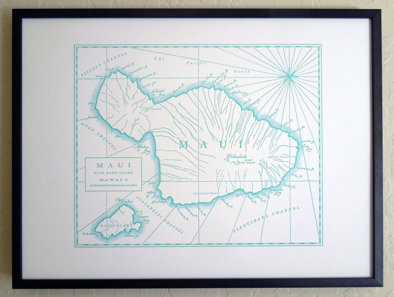 Hawaiian Islands Maui Letterpress Printed Map Light Blue
