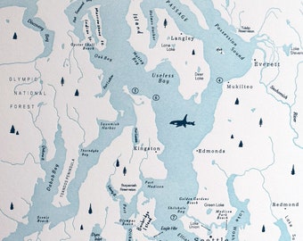 Puget Sound, Seattle Washington Letterpress Map Print