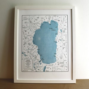 Lake Tahoe Basin, South Lake Tahoe, Letterpress Printed Map, Unframed Print