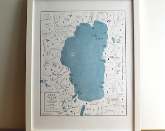 Lake Tahoe Basin, South Lake Tahoe, Letterpress Printed Map, Unframed Print