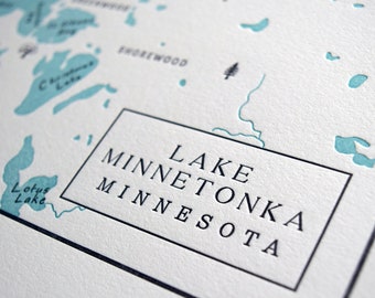 Lake Minnetonka, Minnesota Letterpress Map Unframed Print