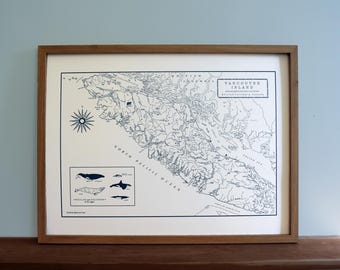 Isola di Vancouver, British Columbia, Canada, mappa stampata in tipografia