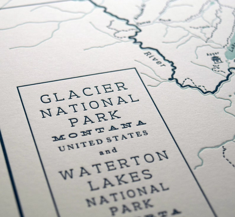 Glacier National Park and Waterton Lakes National Park Letterpress Map Print image 2