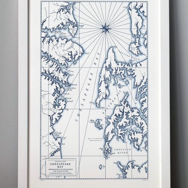 Chesapeake Bay, Maryland, Letterpress Map Art Print (Navy)