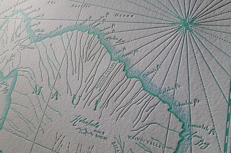 Hawaiian Islands Maui Letterpress Printed Map Light Blue