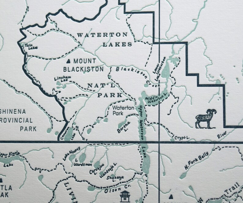 Glacier National Park and Waterton Lakes National Park Letterpress Map Print image 5