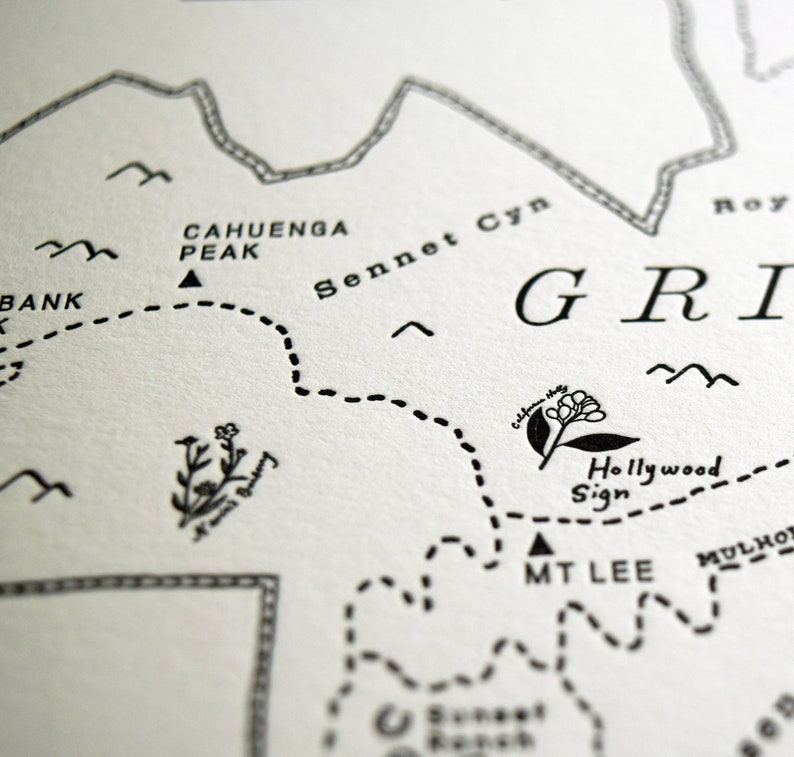 Griffith Park Los Angeles, Letterpress Map, Wall Art, Print image 5