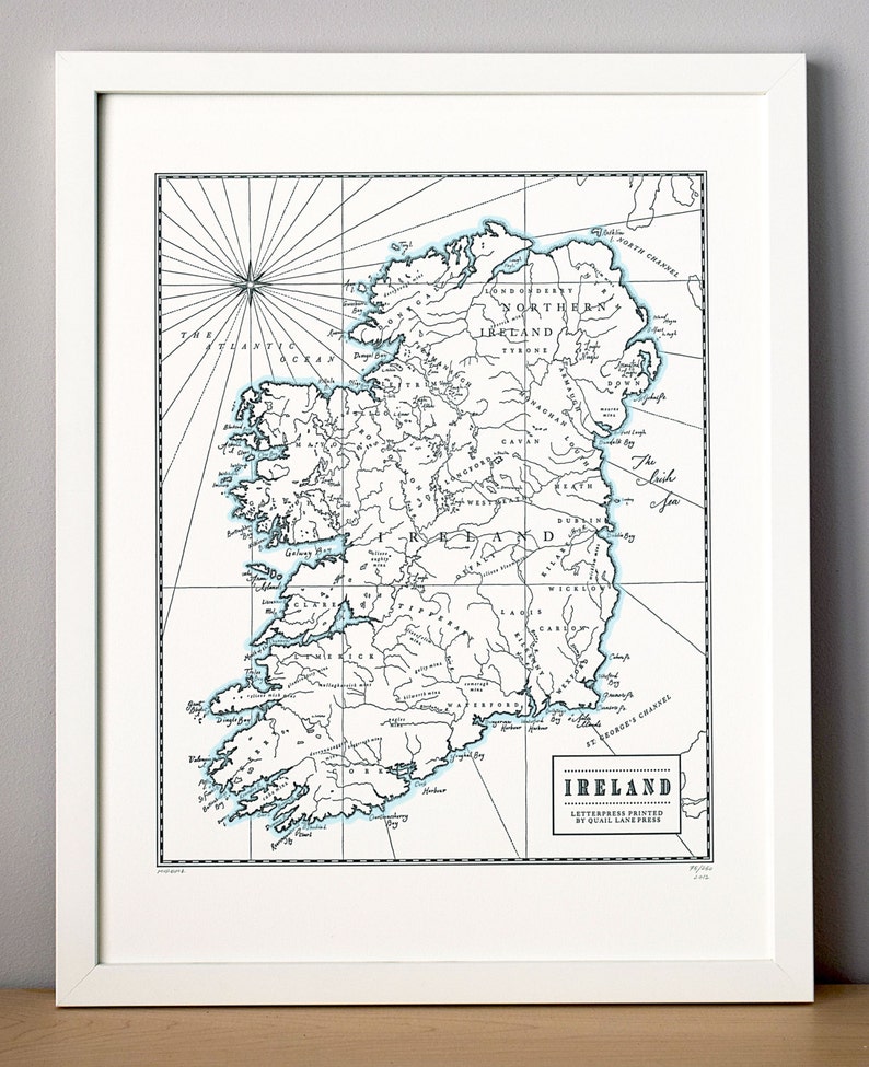 Ireland, Letterpress Printed Map, Wall Art Print Black