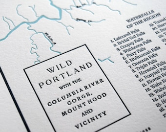 Portland Oregon, Columbia River Gorge, and Mount Hood Letterpress Map, Wall art, Print