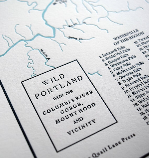 Portland Oregon, Columbia River Gorge, and Mount Hood Letterpress Map, Wall art, Print