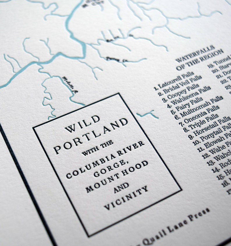 Portland Oregon, Columbia River Gorge, and Mount Hood Letterpress Map, Wall art, Print image 1