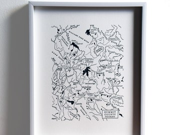 Summit County Colorado, Rocky Mountain Ski Area Mini Map, Letterpress Art