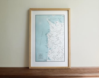La costa de Oregón, desde el río Columbia hasta la bahía de Tillamook, impresión de mapa tipográfico