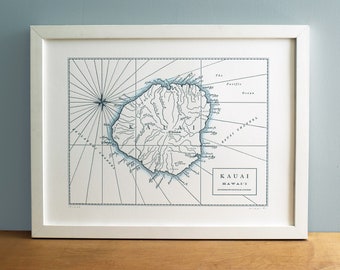 Kauai, Hawaii, Letterpress Print, Wall Art, Map