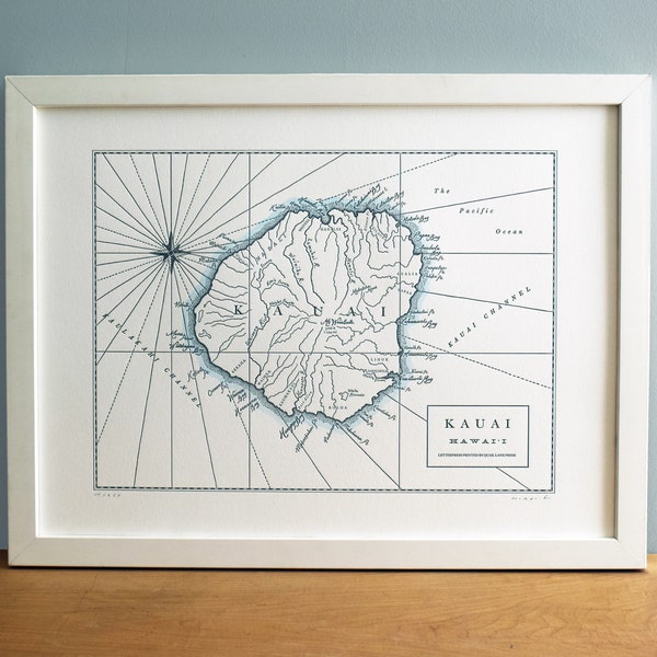 Kauai, Hawaii, Letterpress Print, Wall Art, Map