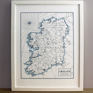 Ireland, Letterpress Printed Map, Wall Art Print Navy Blue