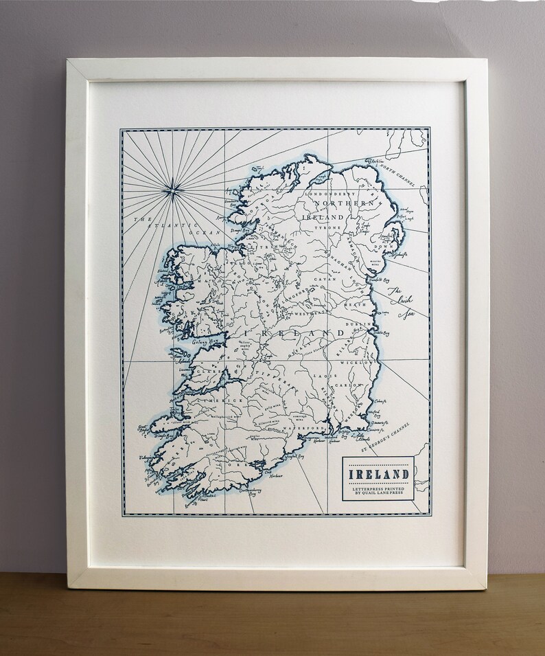 Ireland, Letterpress Printed Map, Wall Art Print Navy Blue