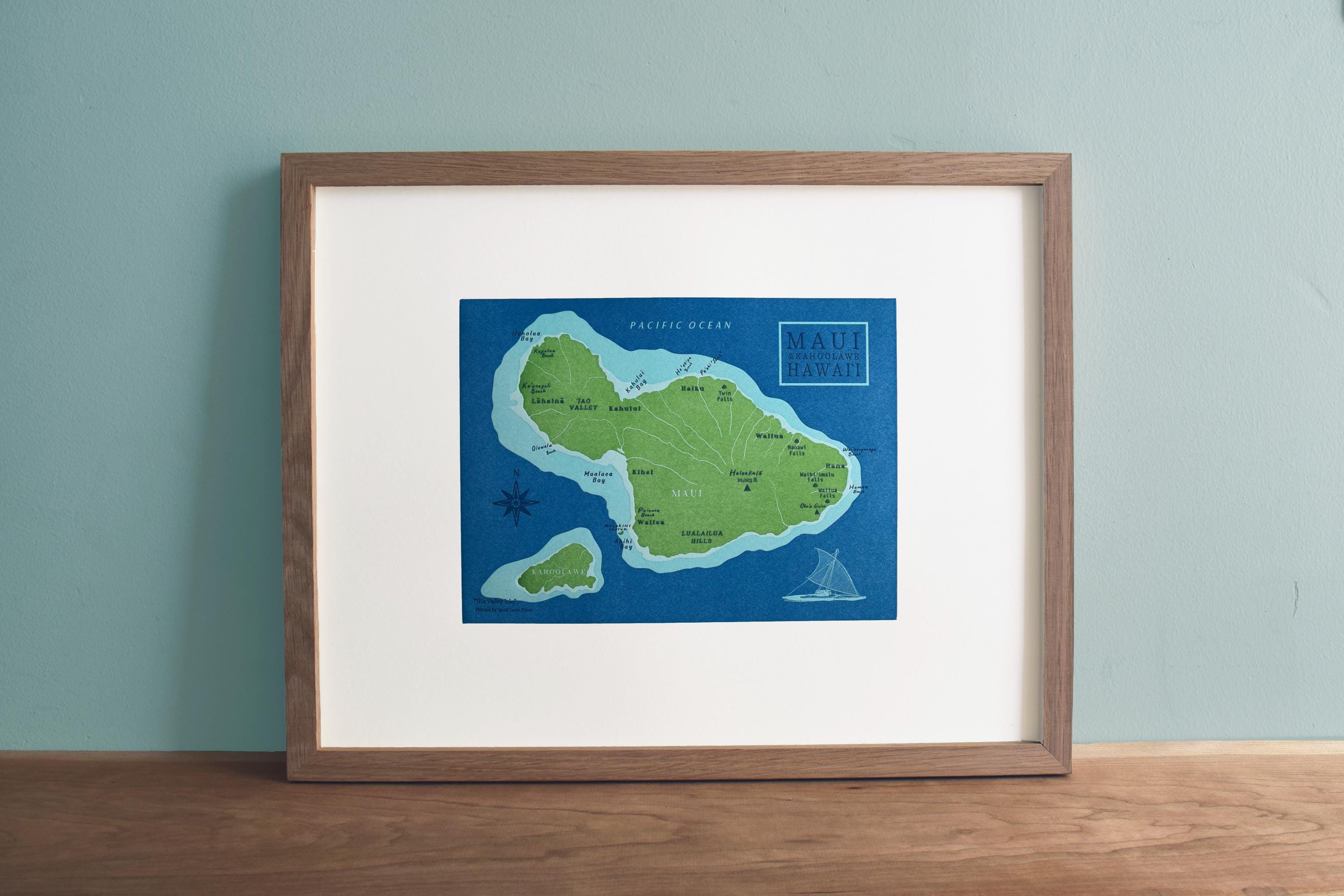 Maui, Hawaii, Letterpress Printed Map
