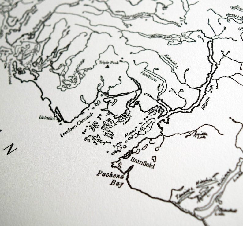 May include: A detailed black and white map showing coastal features and place names. Features include Ucluelet, Loudoun Channel, and Pachena Bay. The map has a vintage, nautical chart aesthetic.