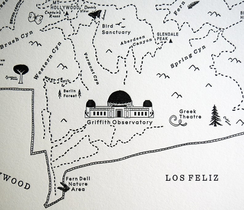 Griffith Park Los Angeles, Letterpress Map, Wall Art, Print image 2