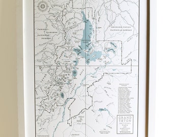 Grand Teton National Park, Jackson Hole, Letterpress Map, Wall art Print