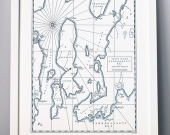 Narragansett Bay e Newport Harbour, Rhode Island, mappa stampata in tipografia (grigio scuro)