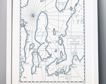 Narragansett Bay e Newport Harbour, Rhode Island, mappa stampata in tipografia (grigio scuro)