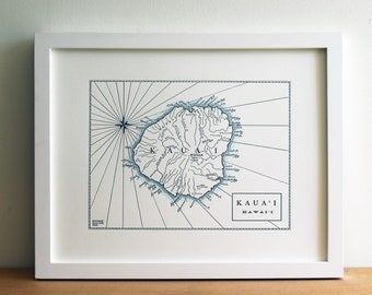 Kauai, Hawaii, Letterpress Print, Wall Art, Map