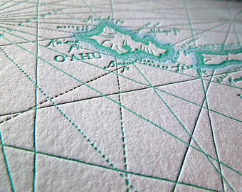 Hawaiian Islands, Letterpress printed Map Print