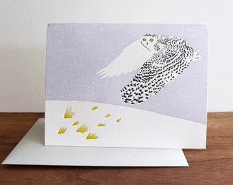 Snowy Owl on Tundra, Letterpress Holiday Greeting Card