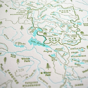 Colorado Map, The Front Range from Fort Collins to Colorado Springs, with the Continental Divide, Aspen and Vail, Letterpress Wall Art Print