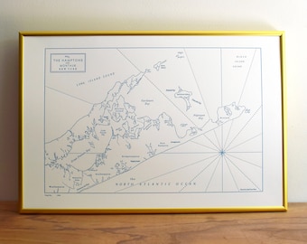 The Hamptons, Sag Harbor, Shelter Island and Montauk Long Island New York, Letterpress Map Art Print