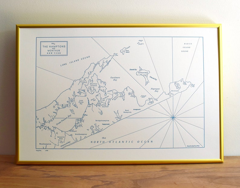 The Hamptons, Sag Harbor, Shelter Island and Montauk Long Island New York, Letterpress Map Art Print image 1