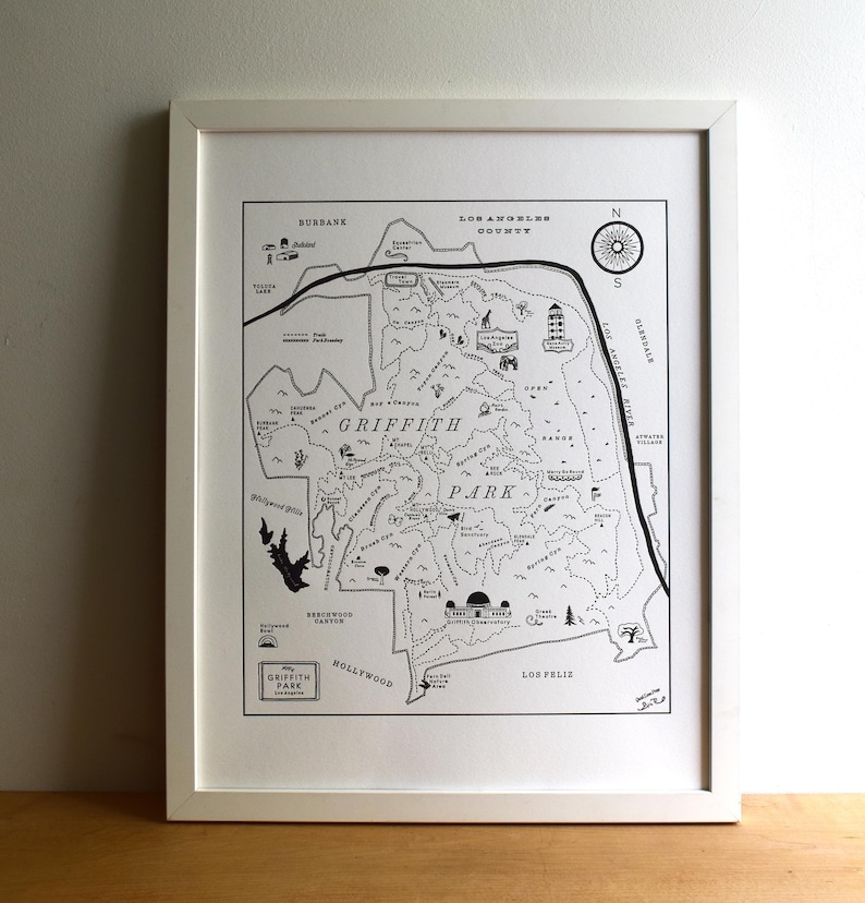 Griffith Park Los Angeles, Letterpress Map, Wall Art, Print image 1