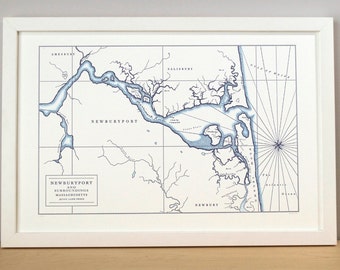 Newburyport Massachusetts, Letterpress Map Art Print (Navy Blue)