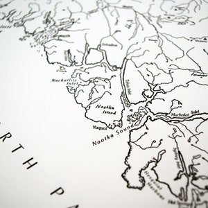 May include: A detailed black and white map showing the Nootka Sound region, including Nootka Island, Yuquot, and Hesquiat Harbour. The map highlights inlets, bays, and geographical features with fine lines and text labels. The words "North Pacific" are partially visible.