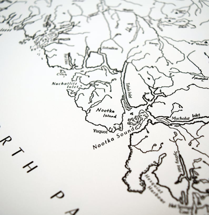 May include: A detailed black and white map showing the Nootka Sound region, including Nootka Island, Yuquot, and Hesquiat Harbour. The map highlights inlets, bays, and geographical features with fine lines and text labels. The words "North Pacific" are partially visible.