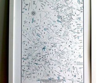 Colorado Map, The Front Range from Fort Collins to Colorado Springs, Aspen and Vail, Letterpress Wall Art Unframed Print