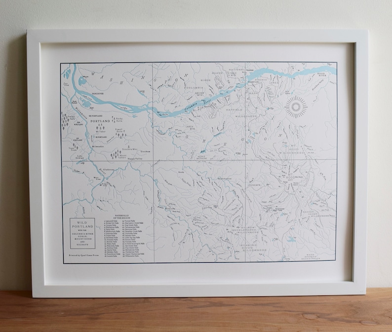 Portland Oregon, Columbia River Gorge, and Mount Hood Letterpress Map, Wall art, Print image 2