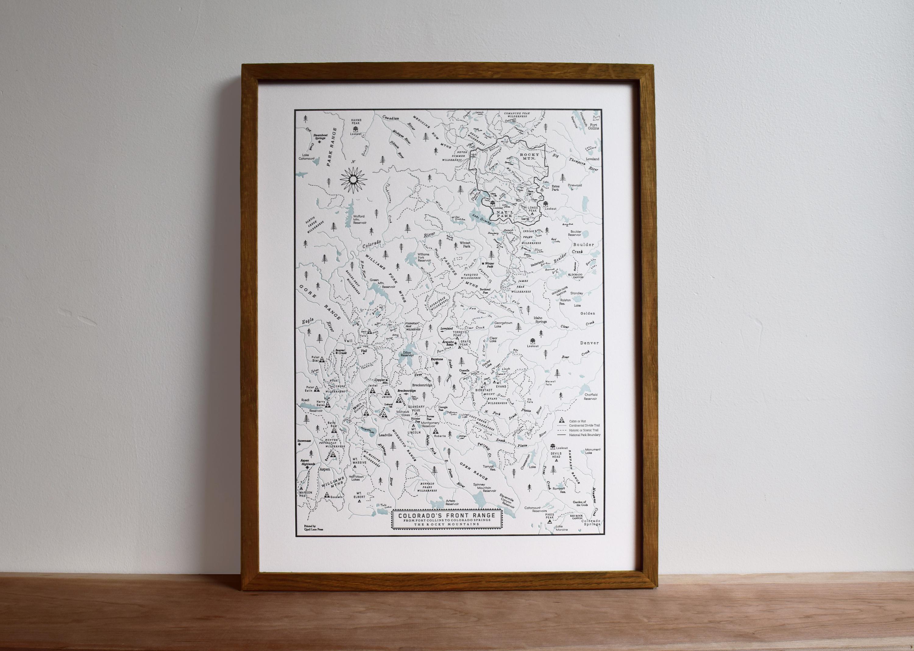 Colorado Map, The Front Range from Fort Collins to Colorado Springs, Aspen and Vail, Letterpress Wall Art Unframed Print