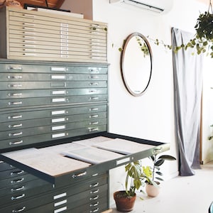 Puede incluir: Un conjunto de archivadores met&aacute;licos con m&uacute;ltiples cajones. El caj&oacute;n superior est&aacute; abierto y revela varias hojas de papel. Los archivadores est&aacute;n en una habitaci&oacute;n con un espejo y plantas.