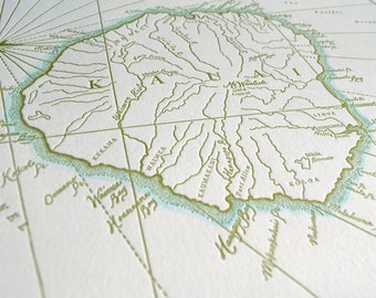 Kauai, Hawaii, Letterpress Printed Map